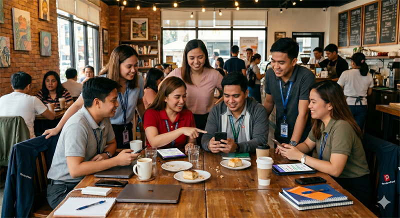 Adult call center workers meeting together in an office