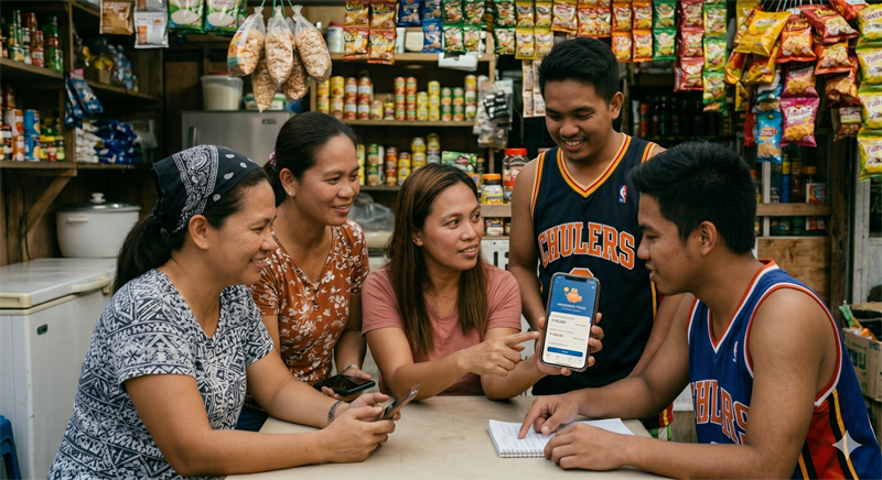A cheerful group gathered around a smartphone together